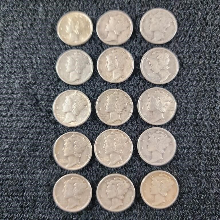 Lot of 15 Mercury Liberty Dimes, 90% Silver