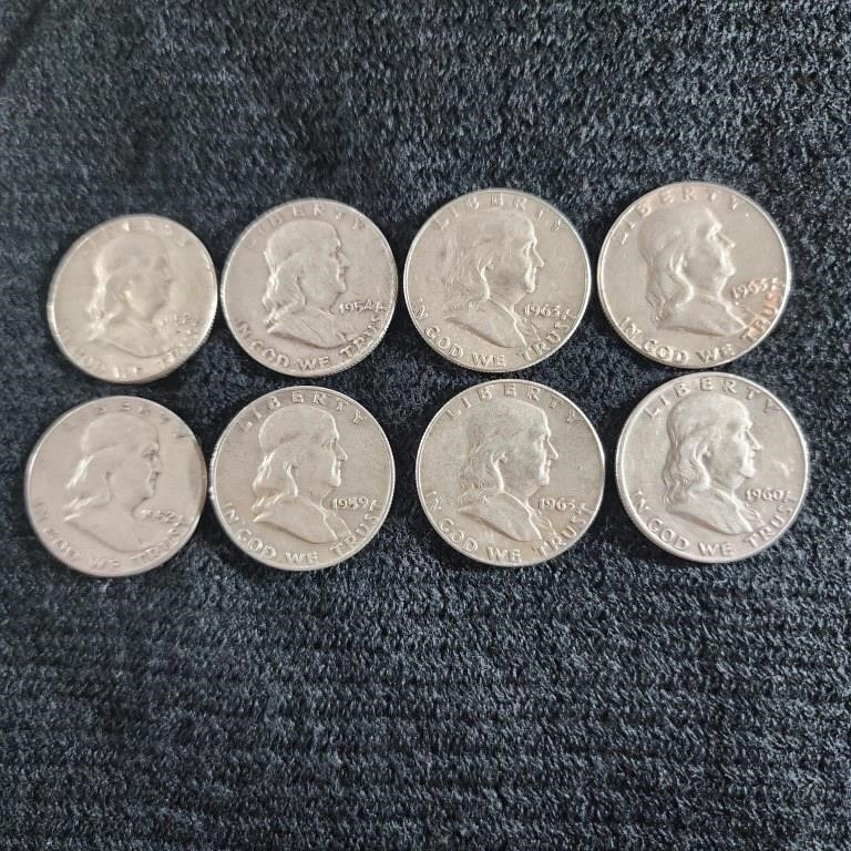 8 Franklin Half Dollars, 90% Silver