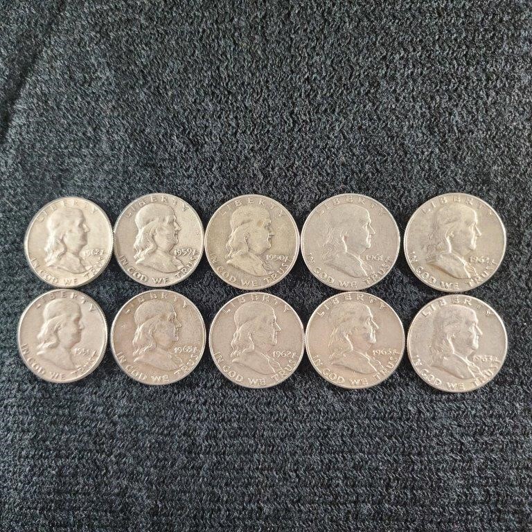 10 Franklin Half Dollars, 90% Silver