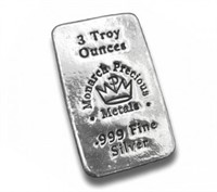 Precious Metals .999 Fine Silver Bar, 3 oz. ASW