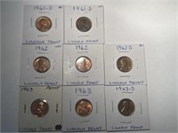 8 Lincoln Pennies: 1961D(2), 1962(2), 1962D,