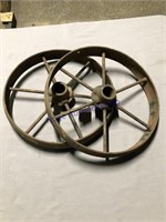 PAIR OF IRON WHEELS, 13.5" ACROSS