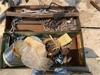 Metal tool box with chain,  wrenches, etc