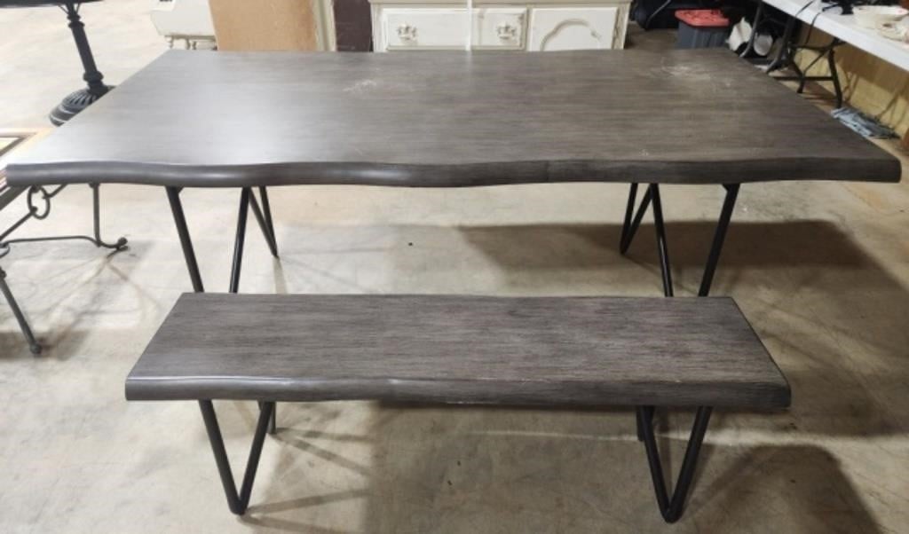Large wooden and metal dining table & bench