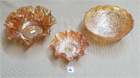 Lot of 3 Carnival Glass Ruffled Bowls