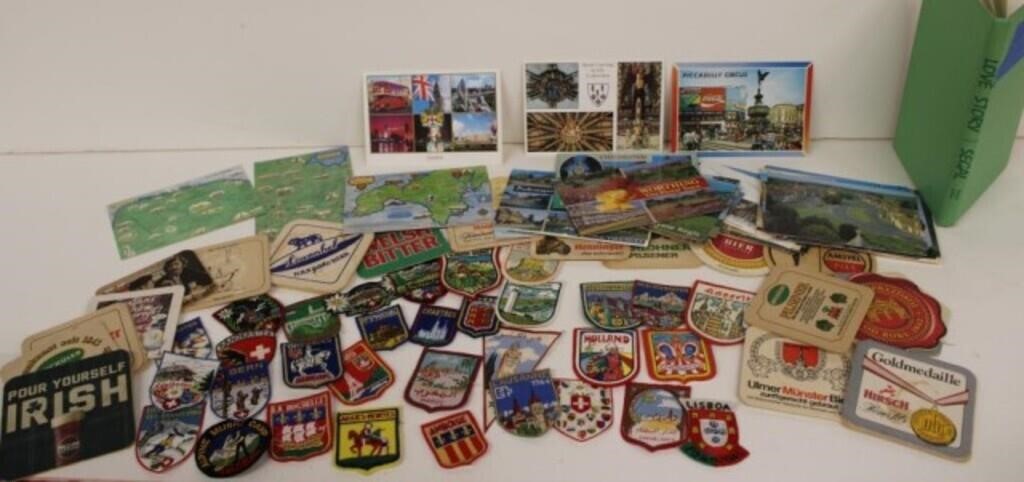 A Nice collection of Patches, Postcards, & Coaster