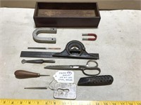 Sm. Wood Box, Square, Awl, Magnets, etc.