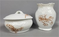 Antique Ursilla Covered Soap Dish & Brush Vase