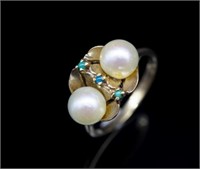 Pearl and turquoise set 9ct yellow gold ring