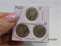 1920p/d/s 3coin Silver Mercury Dime SET