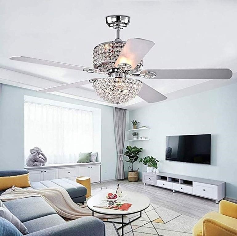 Modern 52in Crystal Ceiling Fan with Light and