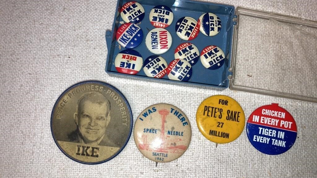 Old political pins Ike & Dick, Space needle,