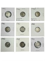 9 Circulated Silver Mercury Dimes, 1942, 1943