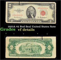 1953A $2 Red Seal United States Note Grades vf det