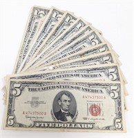(10) Circulated 1963 United States $5.00 Bills