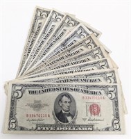 (10) Circulated 1953 United States $5.00 Bills