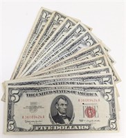 (10) Circulated 1963 United States $5.00 Bills
