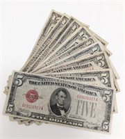 (10) Circulated 1928 United States $5.00 Bills