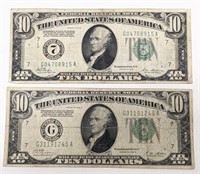 (2) Circulated 1928 United States $10.00 Bills