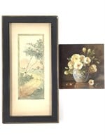2 Tiny Paintings Framed Watercolor + J Illenye Oil