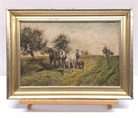 Tinted Victorian Etching of Farmer Mowing Hay
