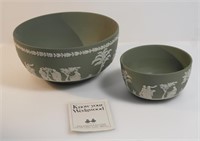 2 WEDGWOOD GREEN JASPERWARE BOWLS & INFO PAMPHLET