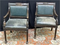 Egyptian Style Arm Chairs w/ Green Leather Seats