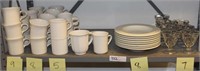 Shelf lot:22 mugs; 8 soup bowls; 7 sherbets