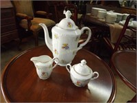 white porcelain coffee pot cream and sugar w/flora