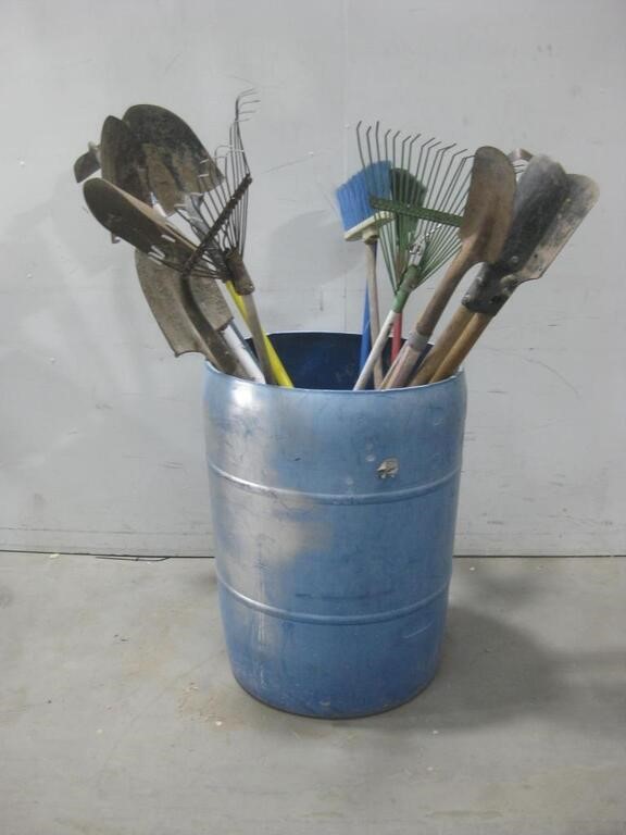 Plastic Barrel W/Assorted Yard Tools