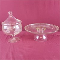 Cake Plate and Etched Glass Candy Dish