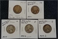 1 Barber and 4 Washington silver quarters