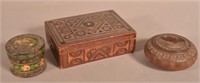 Three Carved and Painted Boxes and Canisters.