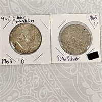 1963 D & 1963 D Franklin 2 Half Dollars 90% Silver