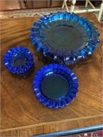 Three Vintage Cobalt Blue Heavy Glass Ash Trays