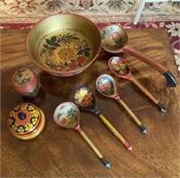 Vintage USSR Khokhloma Wooden Bowls & Spoons