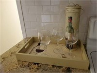 Wine serving set, stemware, tray, charms, bottle