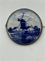 Vintage Sterling Silver Holland Delft Brooch