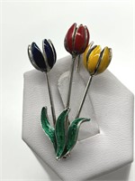 Vintage Sterling Silver Enamel Tulip Brooch