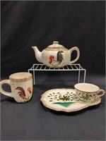 Rooster tea pot, mug, tea cup and plate