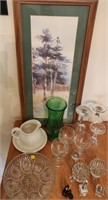 Art Piece, Green Glass Vase, Wine Glasses,