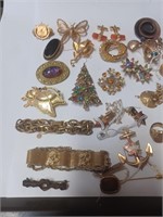 Large Lot of Costume Goldtone Jewelry- Brooches