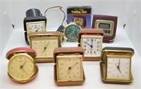 9 pcs. Vintage Travel Alarm Clocks - Various Makes