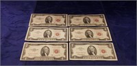 (6) Red Seal Two Dollar Bills
