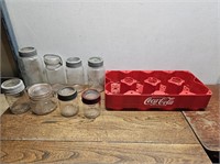8 VINTAGE Jars + COCA-COLA Plastic Bottle Tray