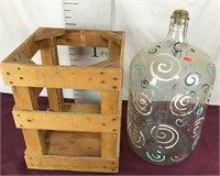 Vintage Carboy Bottle/Wooden Case, Handpainted