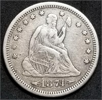 1874-S Arrows Seated Liberty Silver Quarter, Nice
