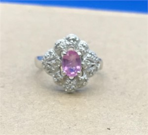 Vntg 14K White Gold Pink Sapphire & Diamond Accent