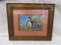 VINTAGE FRAMED WATERCOLOR - CHURCH BY LISTED