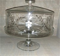 Footed Cake Plate; Etched Glass